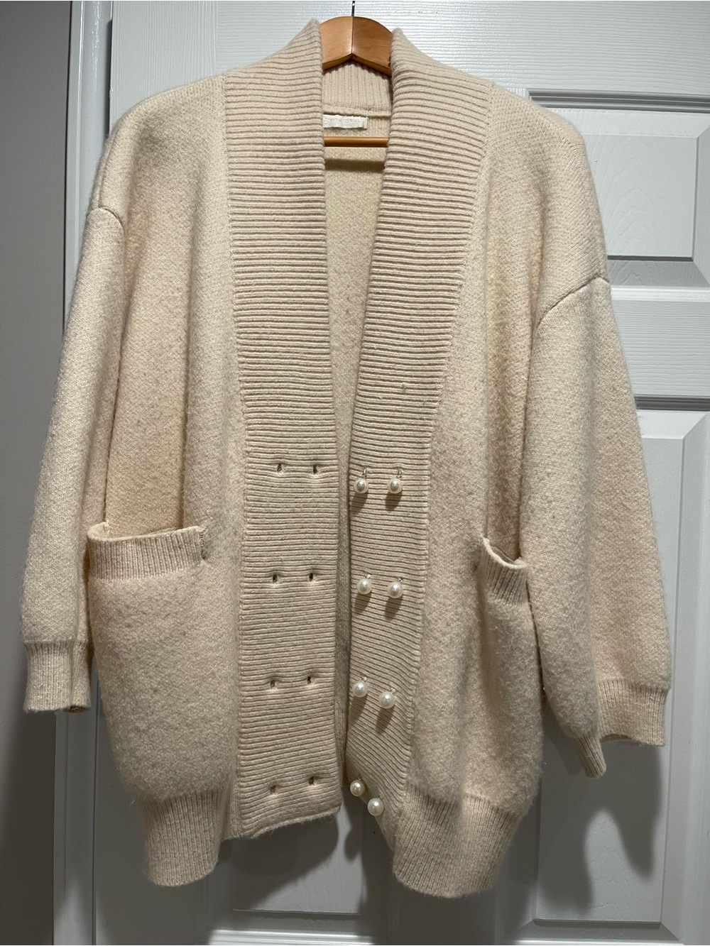 Women's Cream Pearl-Button Shawl Collar Cardigan